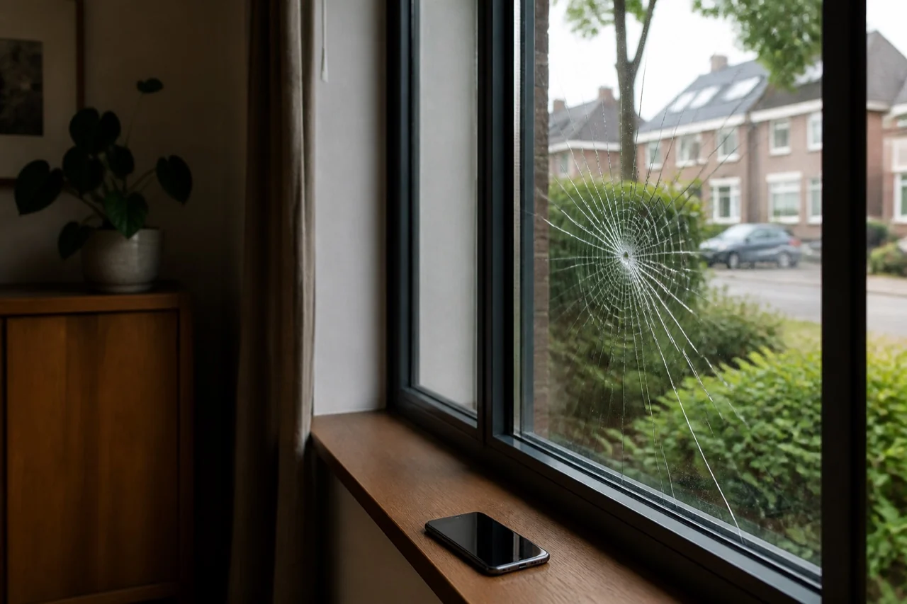 AI-illustratie van glasschade, geen uitgevoerd project
